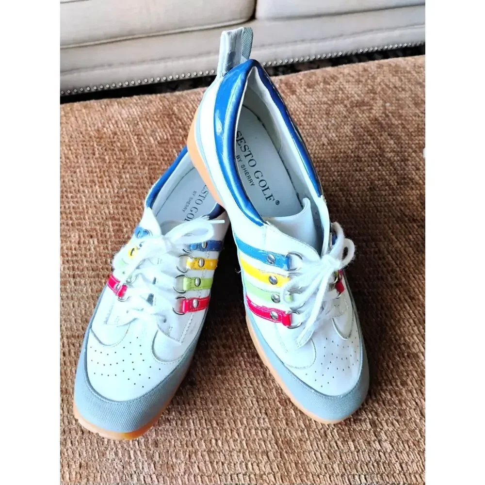 Vintage Y2K Sesto Golf Shoes Italy Leather White Rainbow Stripe Gum Sole 7.5N